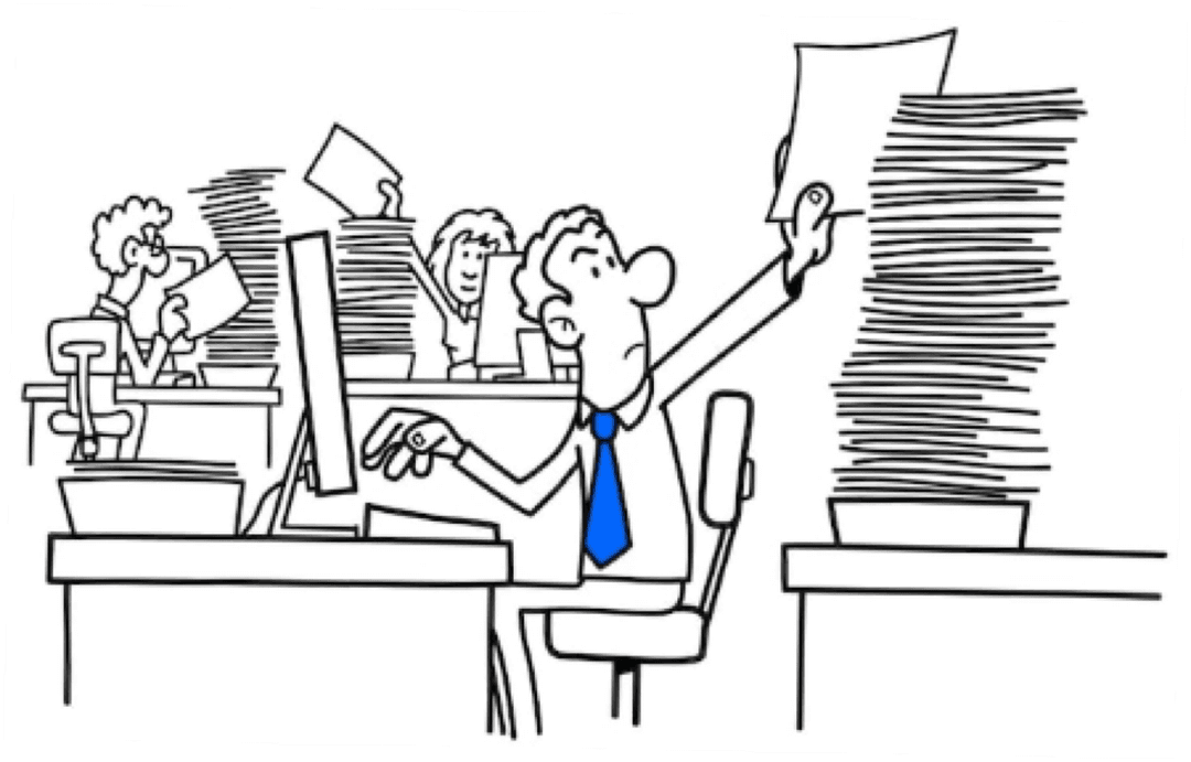 Overwhelmed hiring manager buried in a stack of resumes